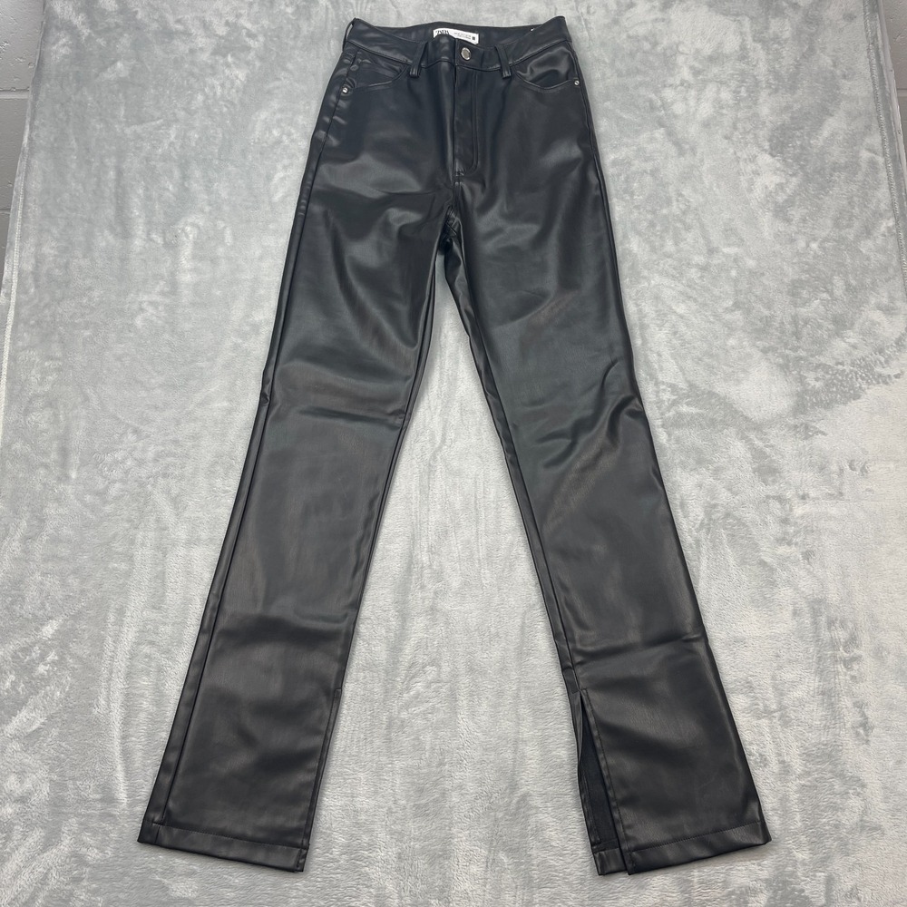 Zara Faux Leather Pants Womens 4 (26x33) Black Fleece Lined Slit Ankle Straight